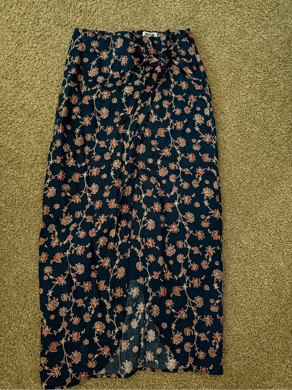 Navy Floral Midi Skirt with Tie Waist
